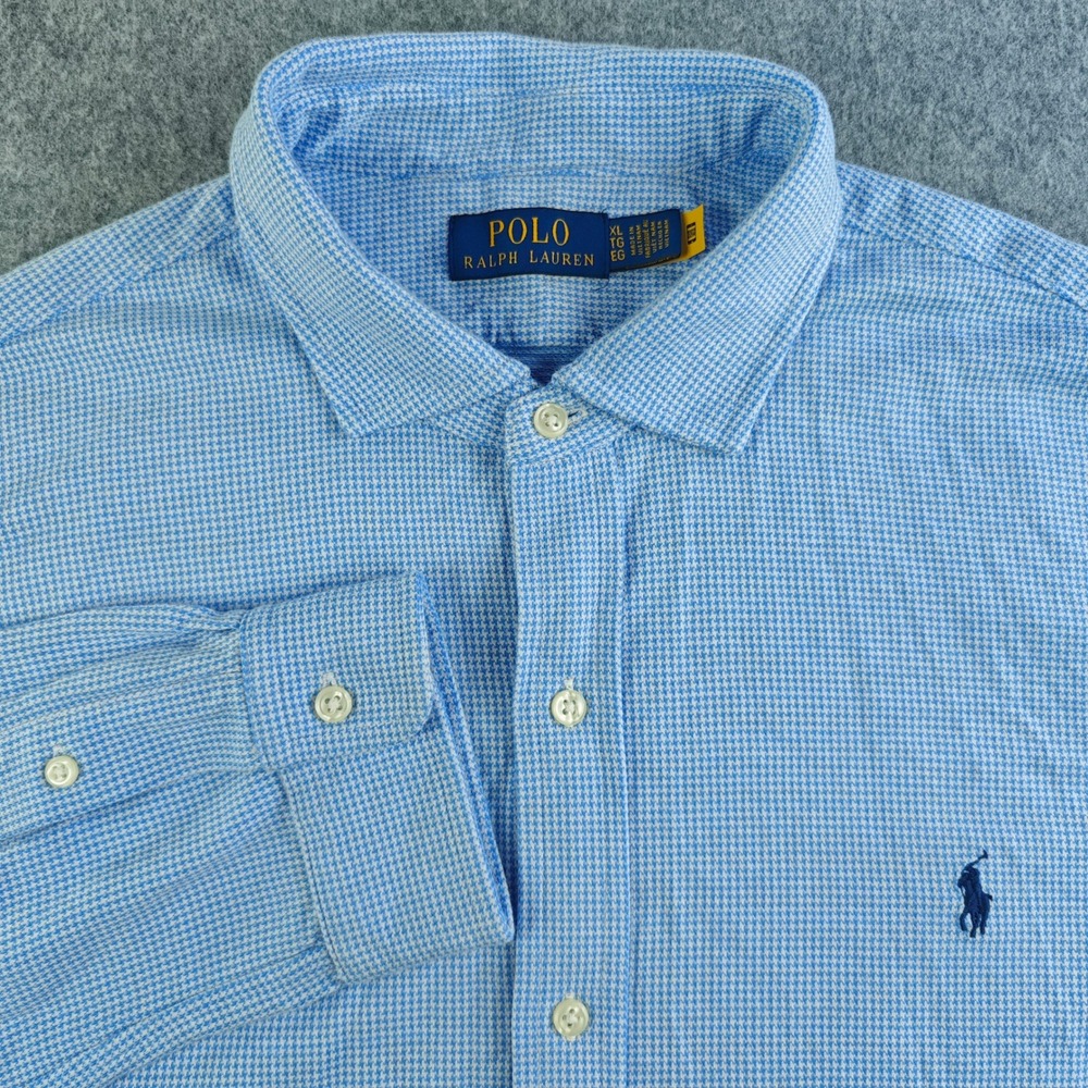 Polo Ralph Lauren Knit Houndstooth Shirt Mens XL Blue White Button Up Cotton